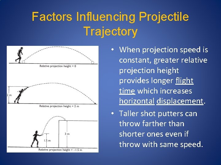 Factors Influencing Projectile Trajectory • When projection speed is constant, greater relative projection height