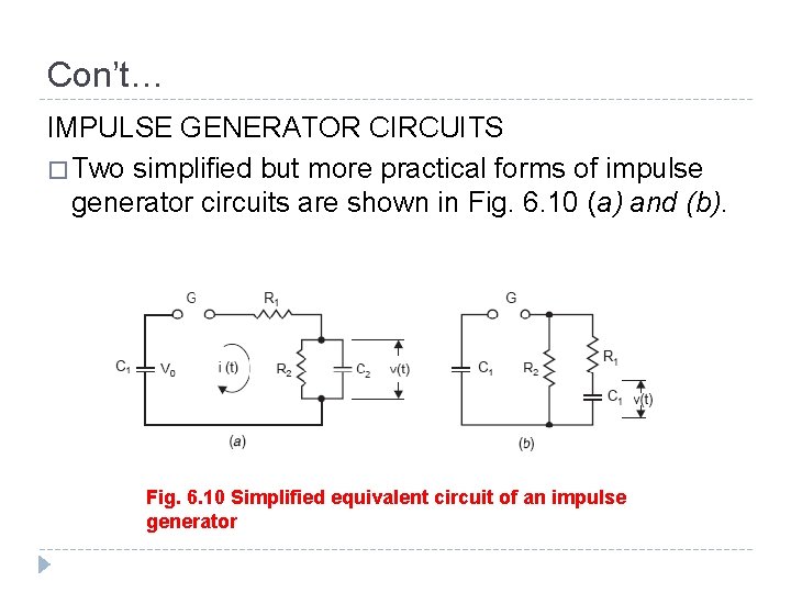 Con’t… IMPULSE GENERATOR CIRCUITS � Two simplified but more practical forms of impulse generator Con’t… IMPULSE GENERATOR CIRCUITS � Two simplified but more practical forms of impulse generator