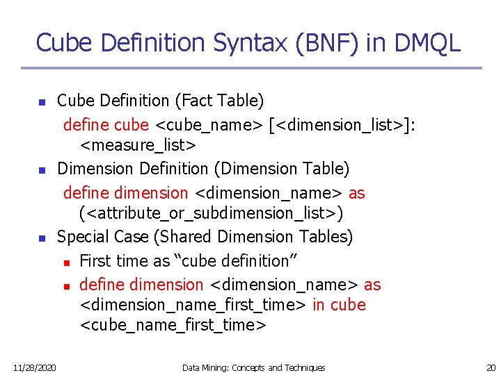 Cube Definition Syntax (BNF) in DMQL n n n 11/28/2020 Cube Definition (Fact Table)