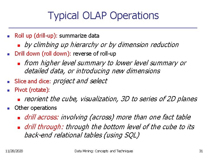 Typical OLAP Operations n Roll up (drill-up): summarize data n by climbing up hierarchy