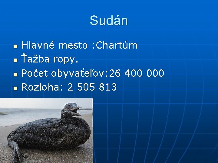 Sudán n n Hlavné mesto : Chartúm Ťažba ropy. Počet obyvaťeľov: 26 400 000