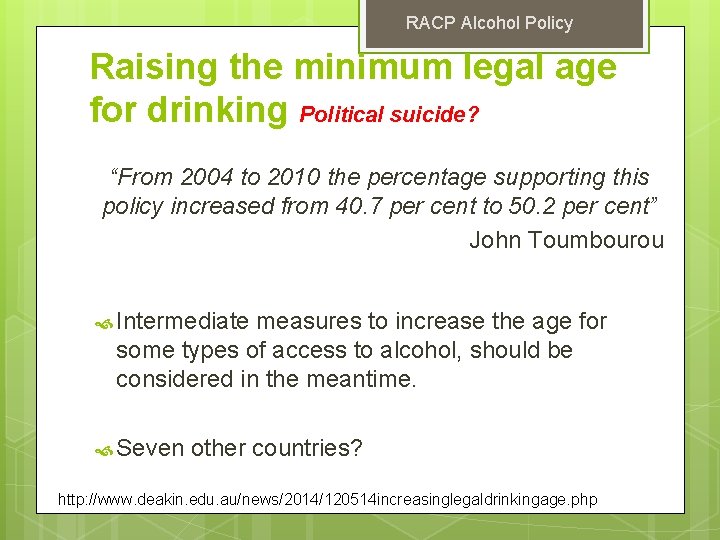 RACP Alcohol Policy Raising the minimum legal age for drinking Political suicide? “From 2004