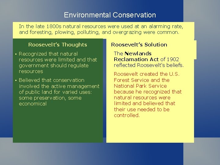 Environmental Conservation In the late 1800 s natural resources were used at an alarming