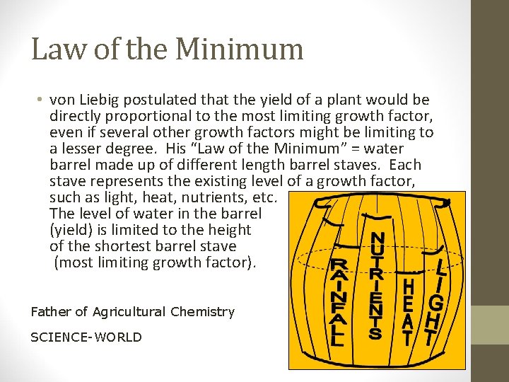 Law of the Minimum • von Liebig postulated that the yield of a plant