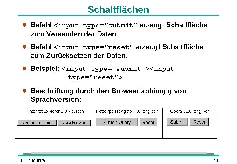 Schaltflächen l Befehl <input type="submit" erzeugt Schaltfläche zum Versenden der Daten. l Befehl <input Schaltflächen l Befehl <input type="submit" erzeugt Schaltfläche zum Versenden der Daten. l Befehl <input