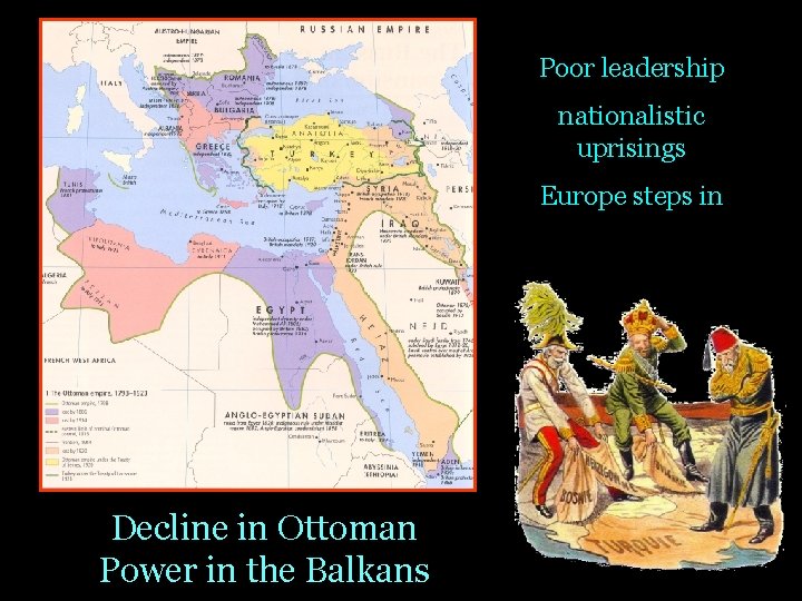 Poor leadership nationalistic uprisings Europe steps in Decline in Ottoman Power in the Balkans