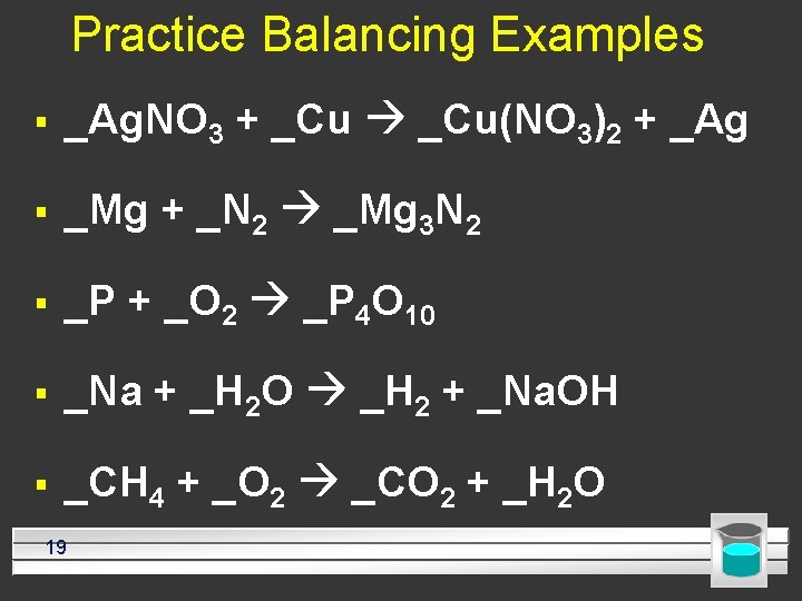 Practice Balancing Examples § _Ag. NO 3 + _Cu(NO 3)2 + _Ag § _Mg
