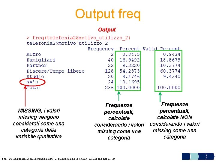 Output freq Output MISSING, i valori missing vengono considerati come una categoria della variabile