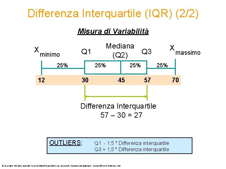 Differenza Interquartile (IQR) (2/2) Misura di Variabilità X minimo Q 1 Mediana Q 3