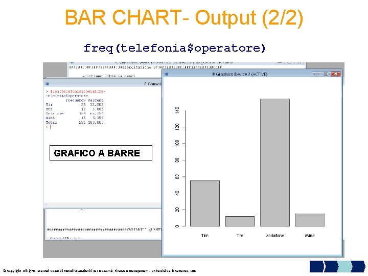 BAR CHART- Output (2/2) freq(telefonia$operatore) GRAFICO A BARRE © Copyright. All rights reserved. Corso