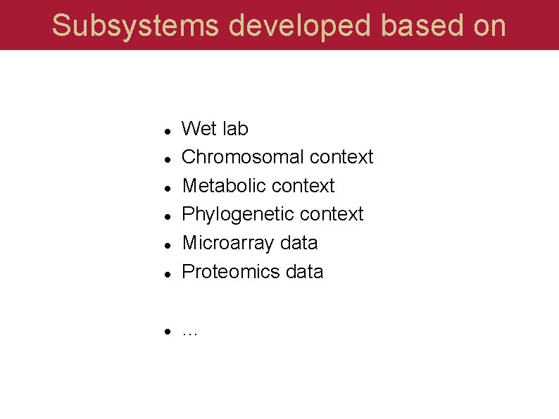 Subsystems developed based on Wet lab Chromosomal context Metabolic context Phylogenetic context Microarray data