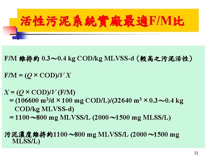 活性污泥系統實廠最適F/M比 F/M 維持約 0. 3~ 0. 4 kg COD/kg MLVSS-d (較高之污泥活性) F/M = (Q 活性污泥系統實廠最適F/M比 F/M 維持約 0. 3~ 0. 4 kg COD/kg MLVSS-d (較高之污泥活性) F/M = (Q