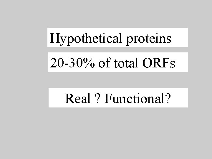 Hypothetical proteins 20 -30% of total ORFs Real ? Functional? 