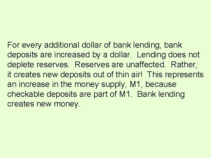 For every additional dollar of bank lending, bank deposits are increased by a dollar. For every additional dollar of bank lending, bank deposits are increased by a dollar.