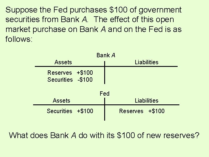 Suppose the Fed purchases $100 of government securities from Bank A. The effect of Suppose the Fed purchases $100 of government securities from Bank A. The effect of