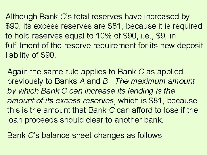 Although Bank C’s total reserves have increased by $90, its excess reserves are $81, Although Bank C’s total reserves have increased by $90, its excess reserves are $81,