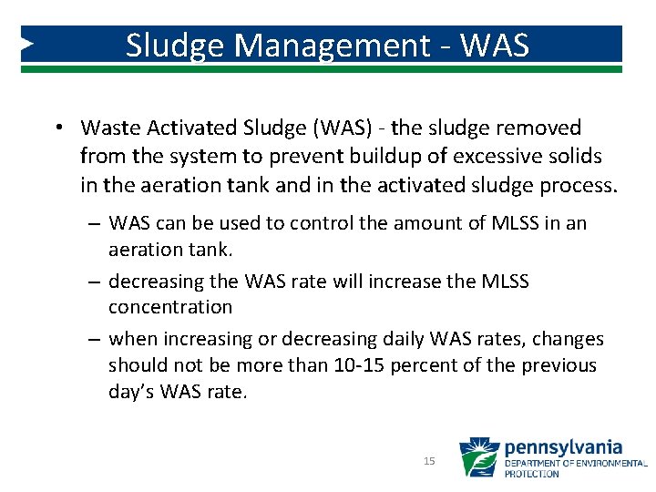 Sludge Management - WAS • Waste Activated Sludge (WAS) - the sludge removed from Sludge Management - WAS • Waste Activated Sludge (WAS) - the sludge removed from