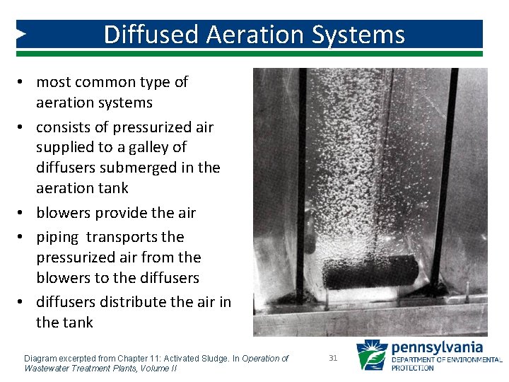 Diffused Aeration Systems • most common type of aeration systems • consists of pressurized Diffused Aeration Systems • most common type of aeration systems • consists of pressurized