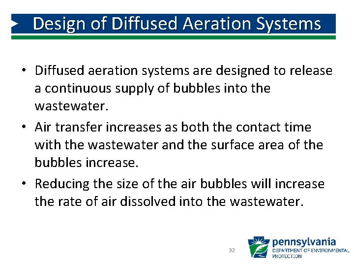 Design of Diffused Aeration Systems • Diffused aeration systems are designed to release a Design of Diffused Aeration Systems • Diffused aeration systems are designed to release a