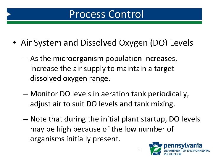 Process Control • Air System and Dissolved Oxygen (DO) Levels – As the microorganism Process Control • Air System and Dissolved Oxygen (DO) Levels – As the microorganism
