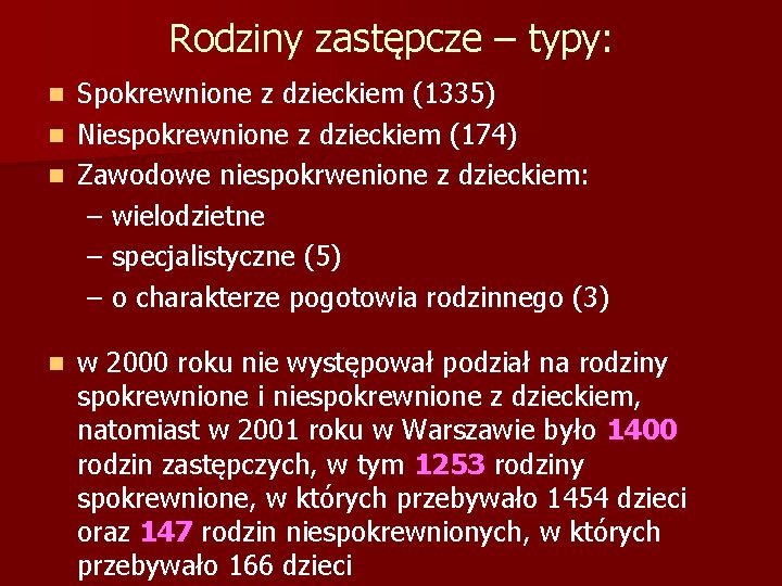 Rodziny zastępcze – typy: Spokrewnione z dzieckiem (1335) n Niespokrewnione z dzieckiem (174) n