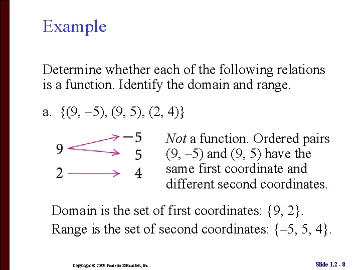 Example Determine whether each of the following relations is a function. Identify the domain