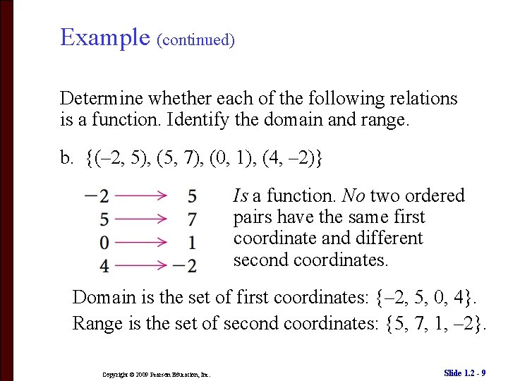 Example (continued) Determine whether each of the following relations is a function. Identify the