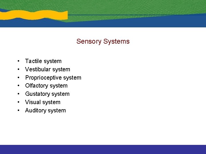 Sensory Systems • • Tactile system Vestibular system Proprioceptive system Olfactory system Gustatory system