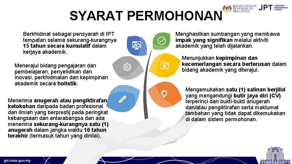 SYARAT PERMOHONAN Berkhidmat sebagai pensyarah di IPT tempatan selama sekurang-kurangnya 15 tahun secara kumulatif