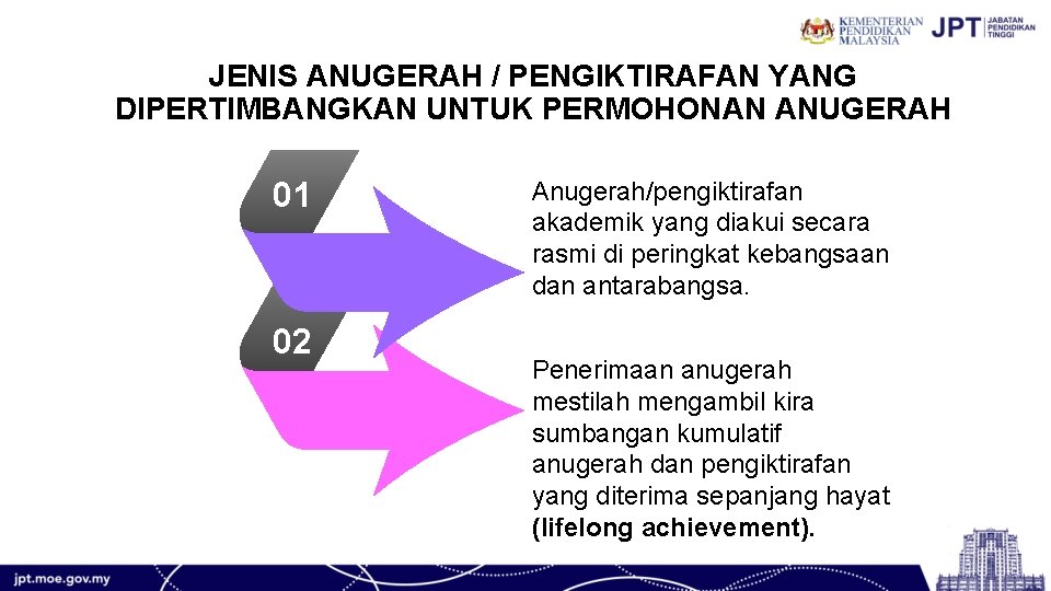 JENIS ANUGERAH / PENGIKTIRAFAN YANG DIPERTIMBANGKAN UNTUK PERMOHONAN ANUGERAH 01 02 Anugerah/pengiktirafan akademik yang