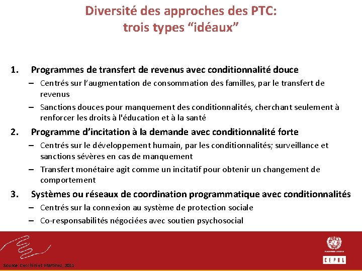 Diversité des approches des PTC: trois types “idéaux” 1. Programmes de transfert de revenus