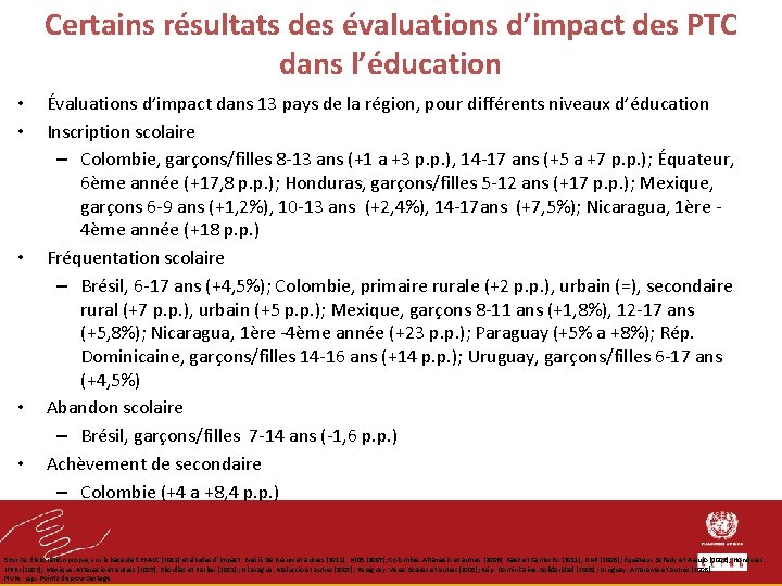 Certains résultats des évaluations d’impact des PTC dans l’éducation • • • Évaluations d’impact