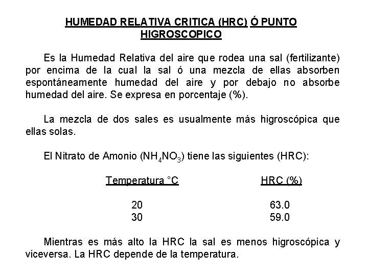 HUMEDAD RELATIVA CRITICA (HRC) Ó PUNTO HIGROSCOPICO Es la Humedad Relativa del aire que