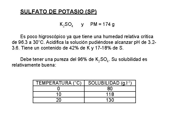 SULFATO DE POTASIO (SP) K 2 SO 4 y PM = 174 g Es