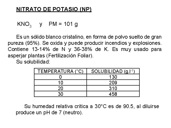 NITRATO DE POTASIO (NP) KNO 3 y PM = 101 g Es un sólido