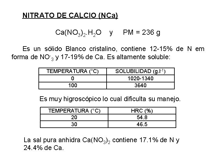 NITRATO DE CALCIO (NCa) Ca(NO 3)2. H 2 O y PM = 236 g