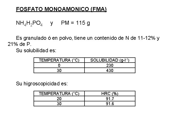 FOSFATO MONOAMONICO (FMA) NH 4 H 2 PO 4 y PM = 115 g