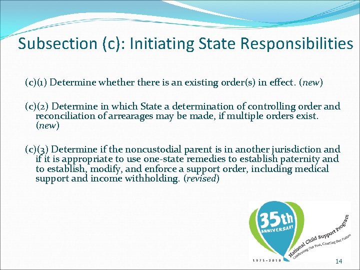 Subsection (c): Initiating State Responsibilities (c)(1) Determine whethere is an existing order(s) in effect.