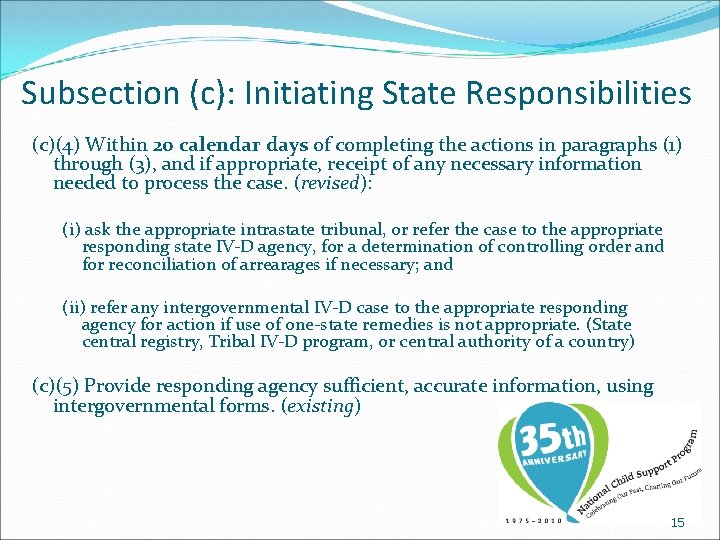 Subsection (c): Initiating State Responsibilities (c)(4) Within 20 calendar days of completing the actions