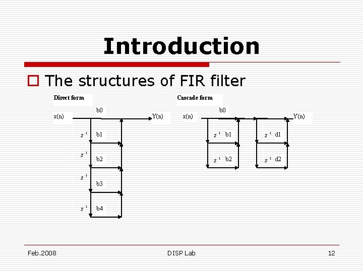 Introduction o The structures of FIR filter Direct form x(n) Cascade form b 0