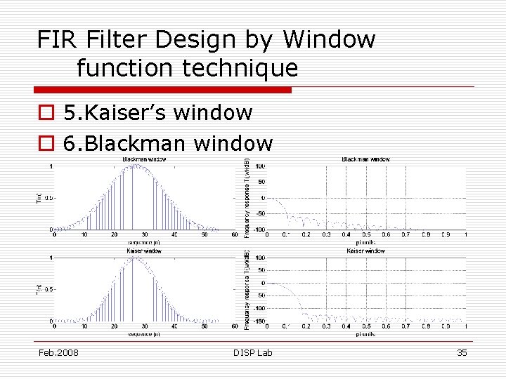FIR Filter Design by Window function technique o 5. Kaiser’s window o 6. Blackman