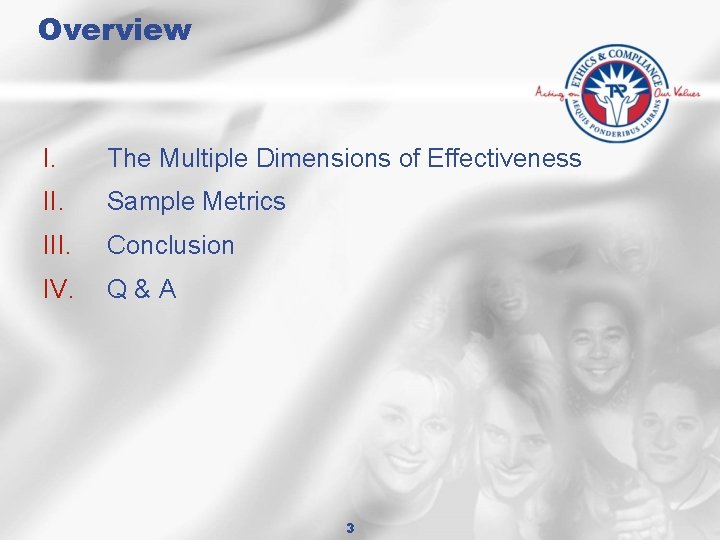 Overview I. The Multiple Dimensions of Effectiveness II. Sample Metrics III. Conclusion IV. Q&A