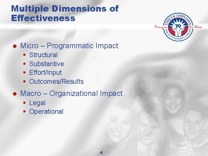 Multiple Dimensions of Effectiveness l Micro – Programmatic Impact § § l Structural Substantive