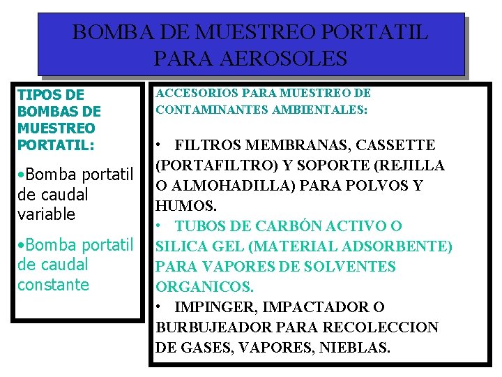 BOMBA DE MUESTREO PORTATIL PARA AEROSOLES TIPOS DE BOMBAS DE MUESTREO PORTATIL: • Bomba