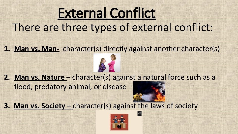 External Conflict There are three types of external conflict: 1. Man vs. Man- character(s)
