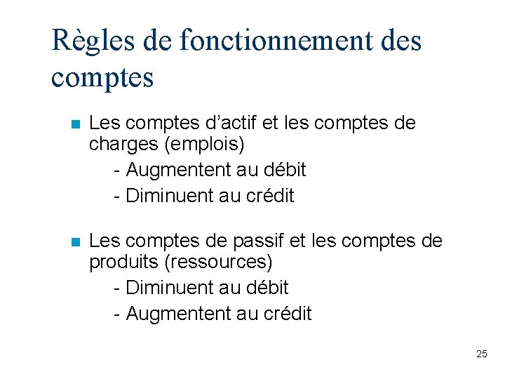 Règles de fonctionnement des comptes n Les comptes d’actif et les comptes de charges
