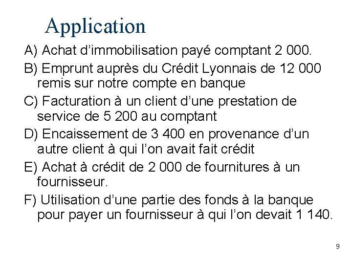 Application A) Achat d’immobilisation payé comptant 2 000. B) Emprunt auprès du Crédit Lyonnais