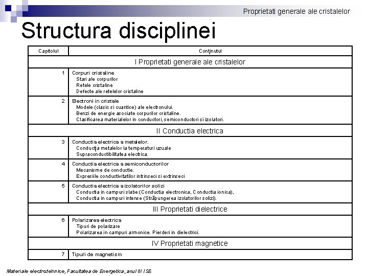 Proprietati generale cristalelor Structura disciplinei Capitolul Conţinutul I Proprietati generale cristalelor 1 Corpuri cristaline