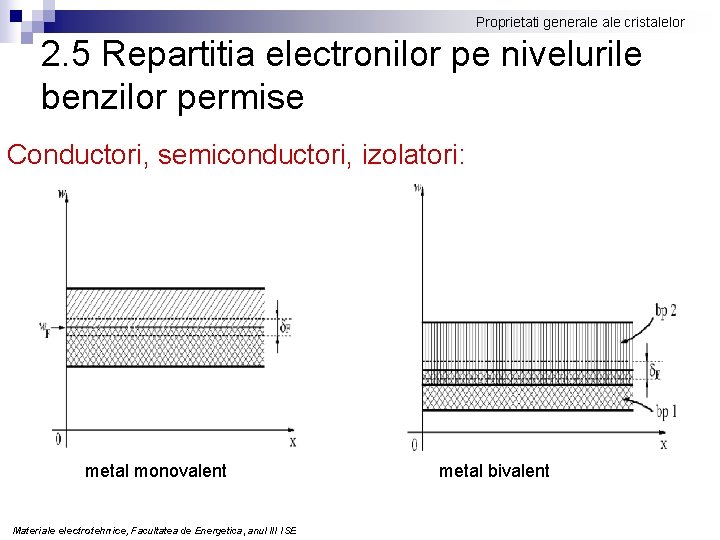 Proprietati generale cristalelor 2. 5 Repartitia electronilor pe nivelurile benzilor permise Conductori, semiconductori, izolatori: