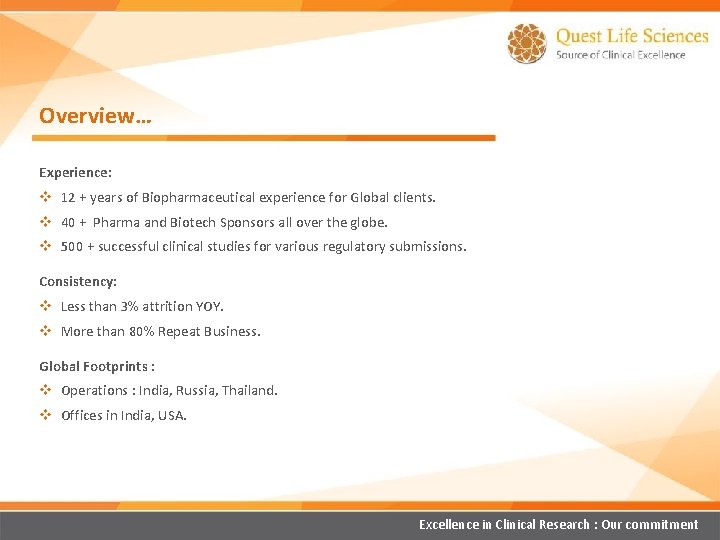 Overview… Experience: v 12 + years of Biopharmaceutical experience for Global clients. v 40 Overview… Experience: v 12 + years of Biopharmaceutical experience for Global clients. v 40